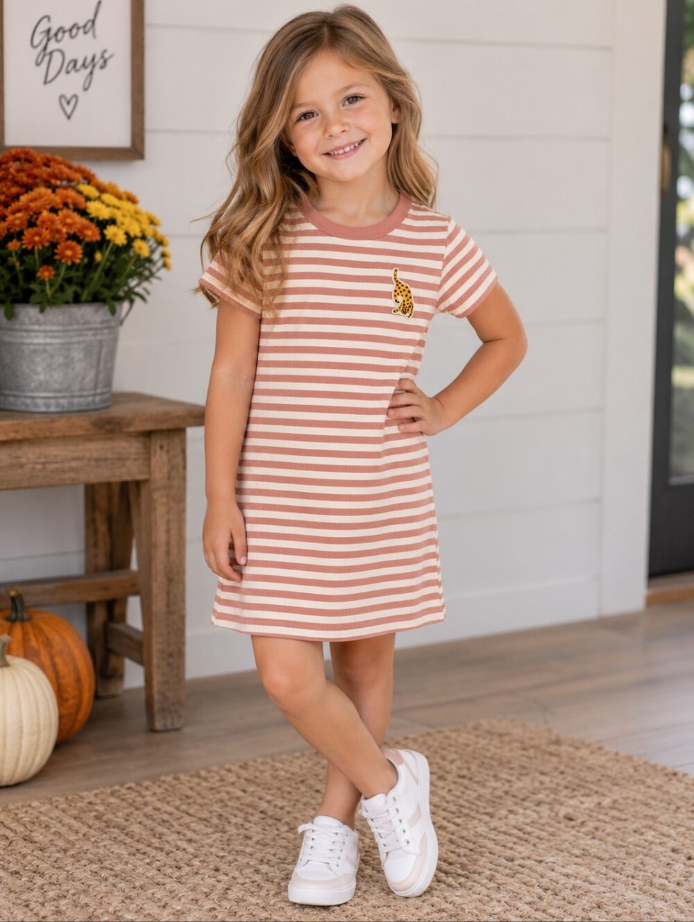 Hanna Andersson Girls Striped Ribbed Tee with Cheetah Patch Size 6 / 7